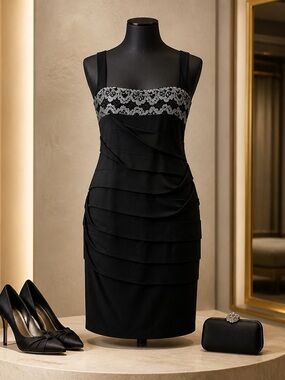 Black Lace-Trim Mini Dress with Tiered Ruching